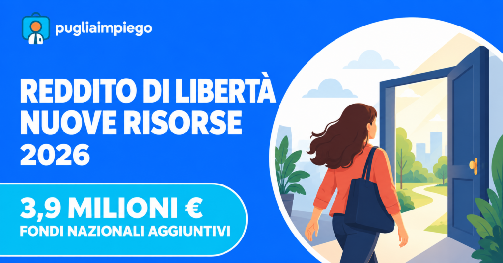 Reddito di Libertà 2026: 3,9 milioni di euro nazionali aggiuntivi, illustrazione di una donna verso una porta aperta